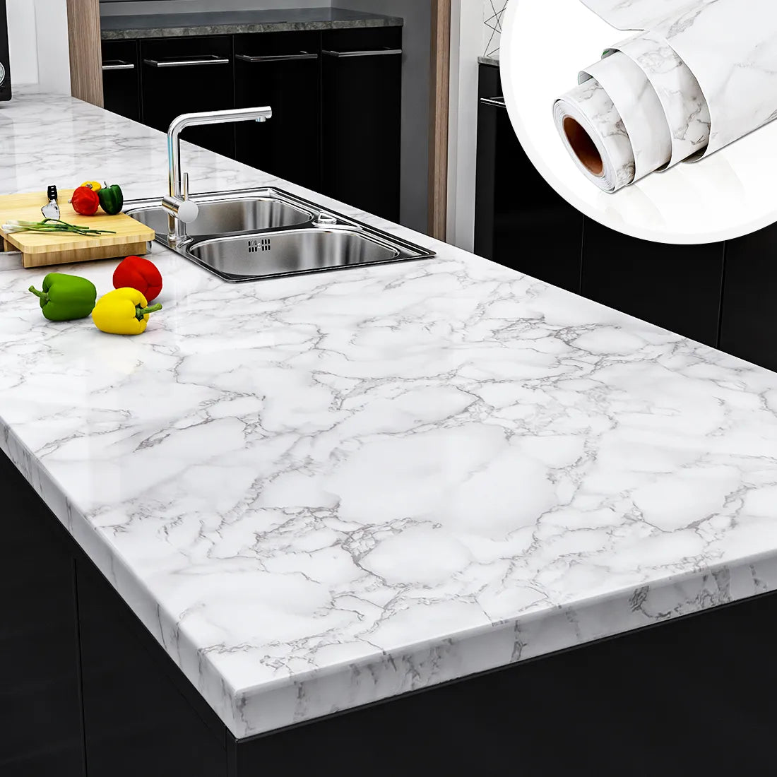 Marble Sheet For Kitchen Shelves Black/White (24x78 inches)